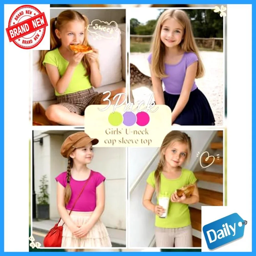 Girls Slim Fit Cap Sleeve Tees 3-Pack Summer Tops Ages 5-14